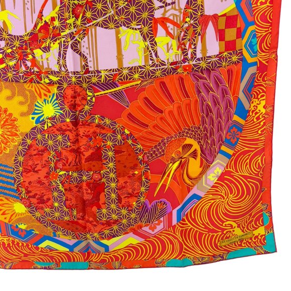 HERMES Orange & Multicolor 100% Silk Ex-Libris En Kimonos Pattern Scarf France - Picture 6 of 11